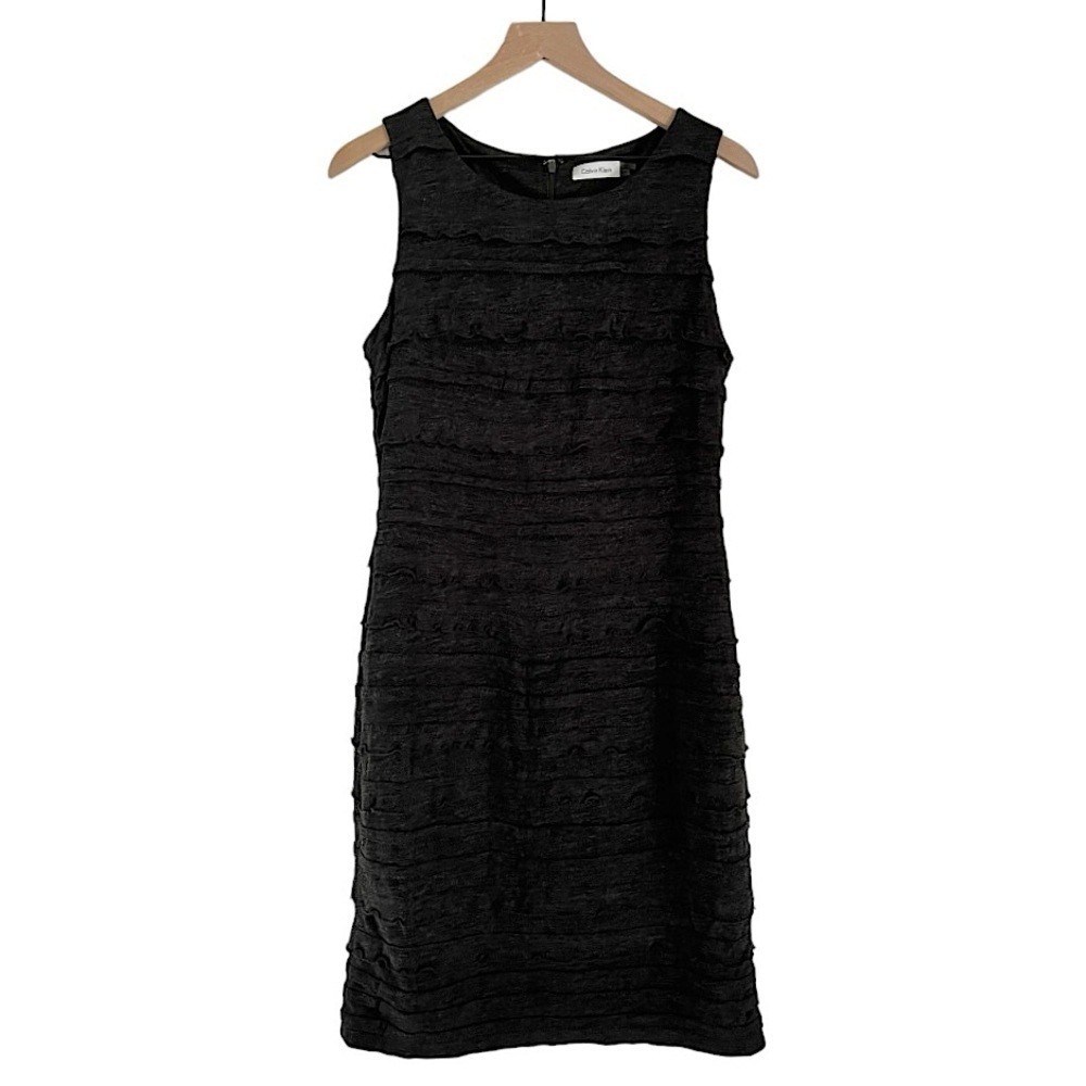 NWT Calvin Klein Wool Sleeveless Fitted Ruffle Dress Charcoal Grey 12 Petite‎